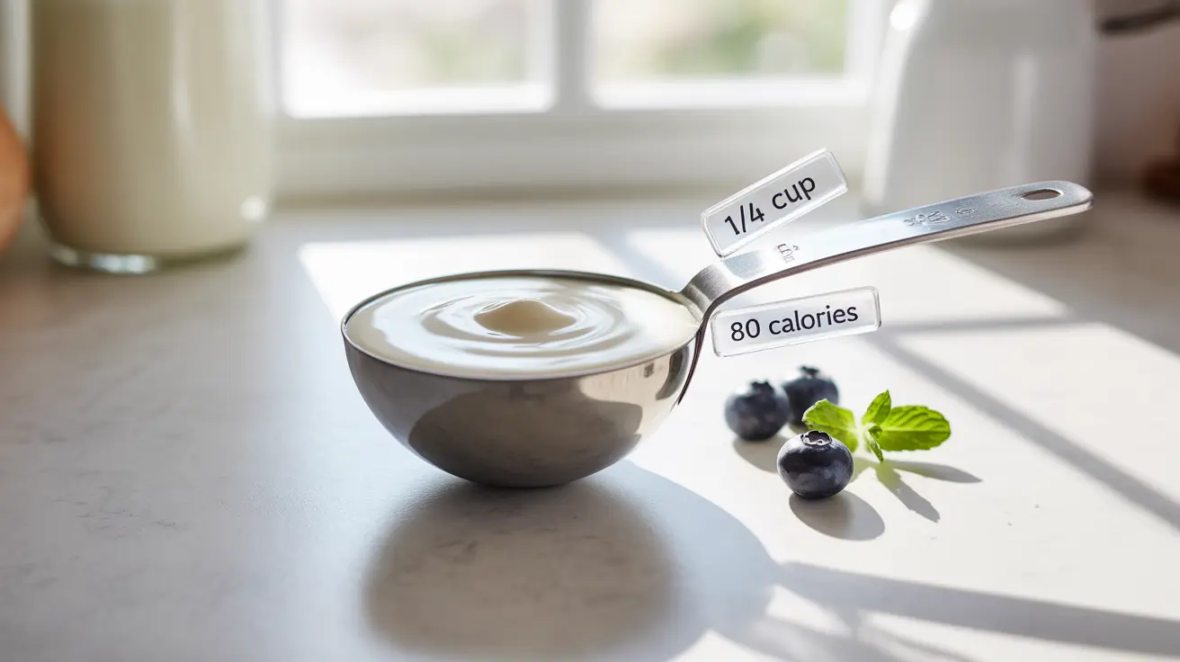 Detailed illustration of a measuring spoon filled with half and half on a bright kitchen countertop, emphasizing its caloric content with clear labels