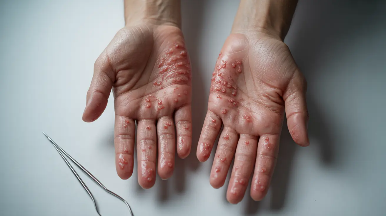 Detailed illustration depicting various symptoms of hand eczema on a person's hands, including red inflamed patches, dry and scaly areas, and small fluid-filled blisters, against a neutral clinical background.