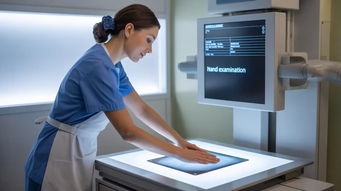 Technologist positioning a patient's hand on an X-ray plate in a radiology room with bright lighting and X-ray equipment.