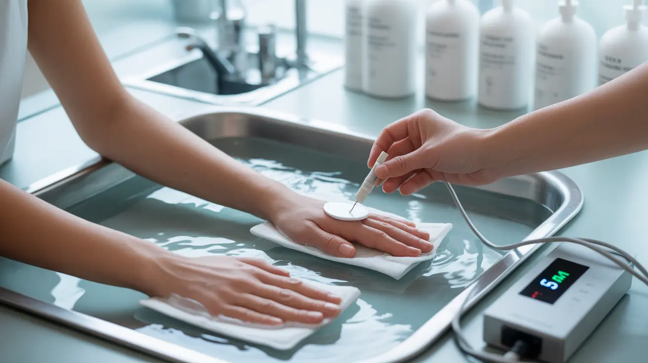 Detailed illustration of hands in water trays undergoing iontophoresis treatment in a bright clinical lighting atmosphere with treatment tools.