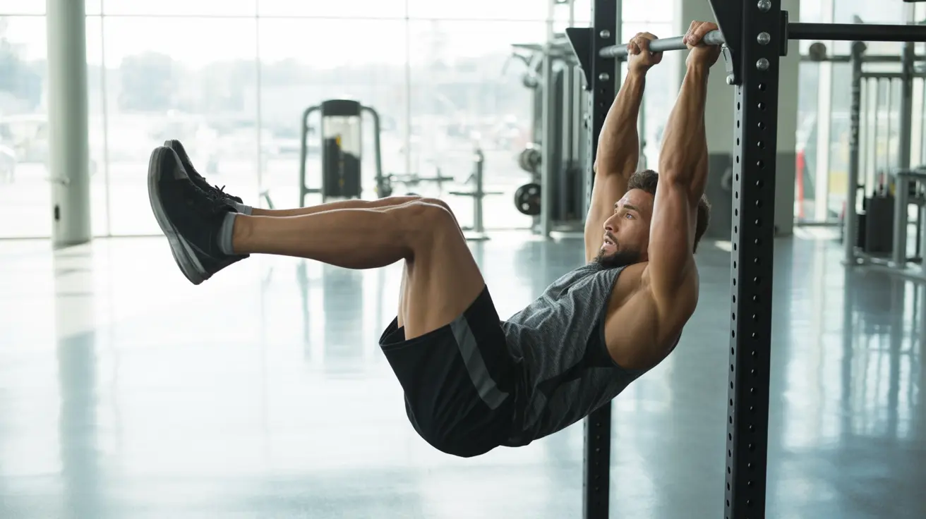 Fit individual performing a hanging leg raise exercise in a modern gym, focused and determined expression, gym equipment blurred in the background.