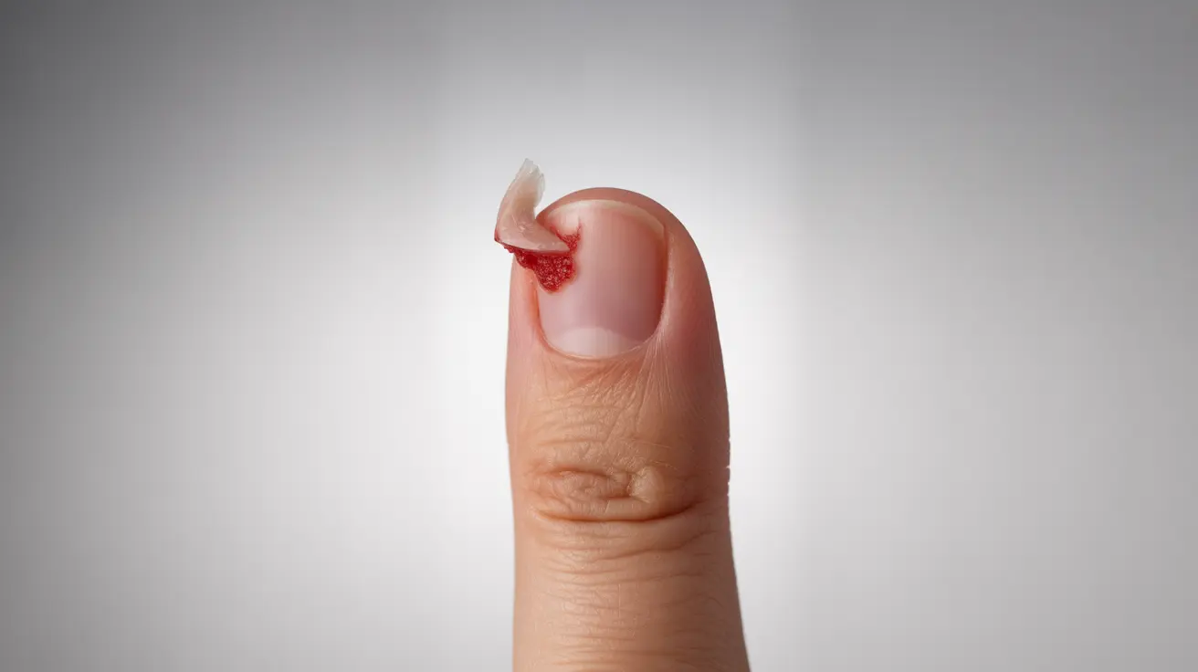 Close-up illustration of a fingertip with a hangnail, showing torn skin partially detached from cuticle, redness visible, in clinical lighting