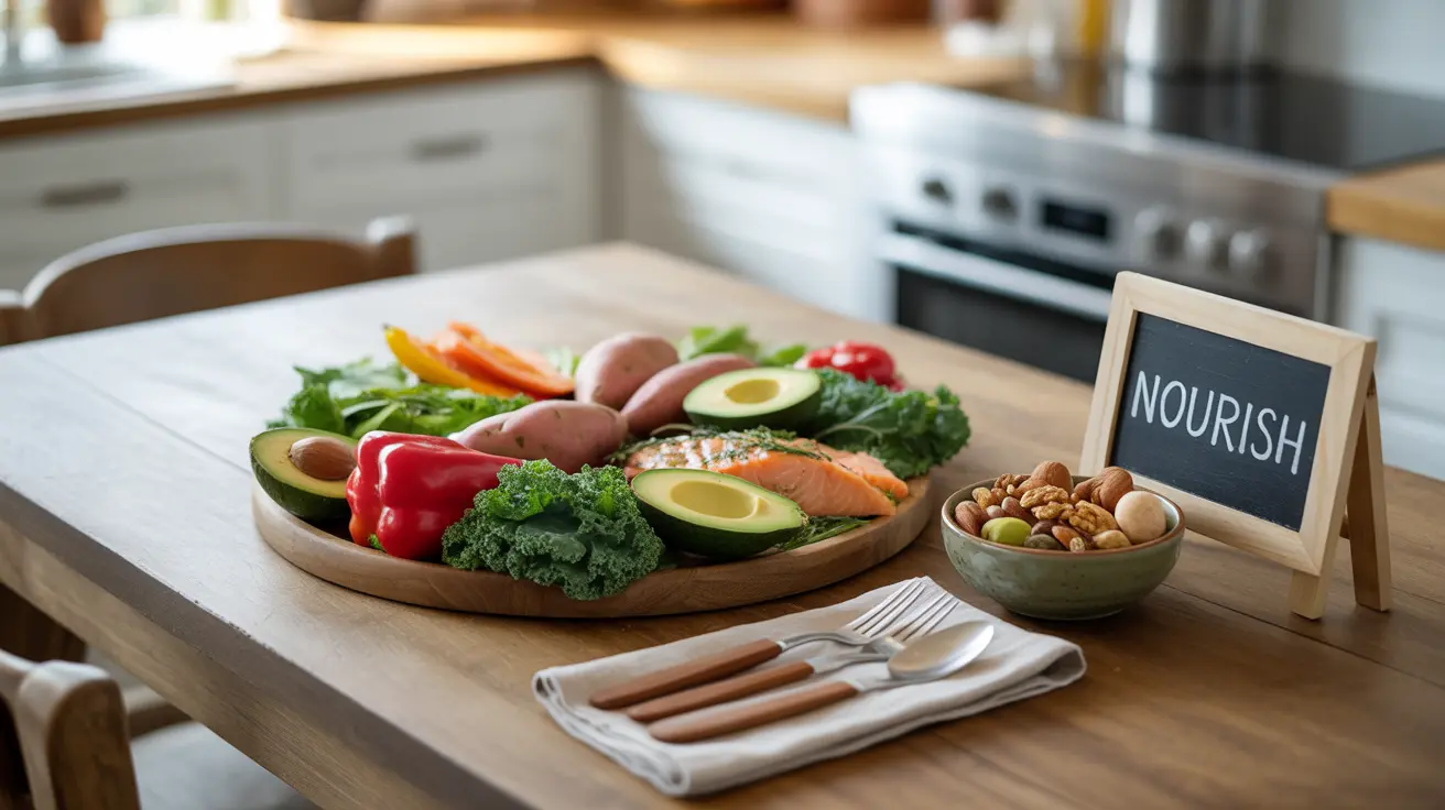 Colorful vegetables, lean proteins, and healthy fats displayed on a modern dining table in natural light