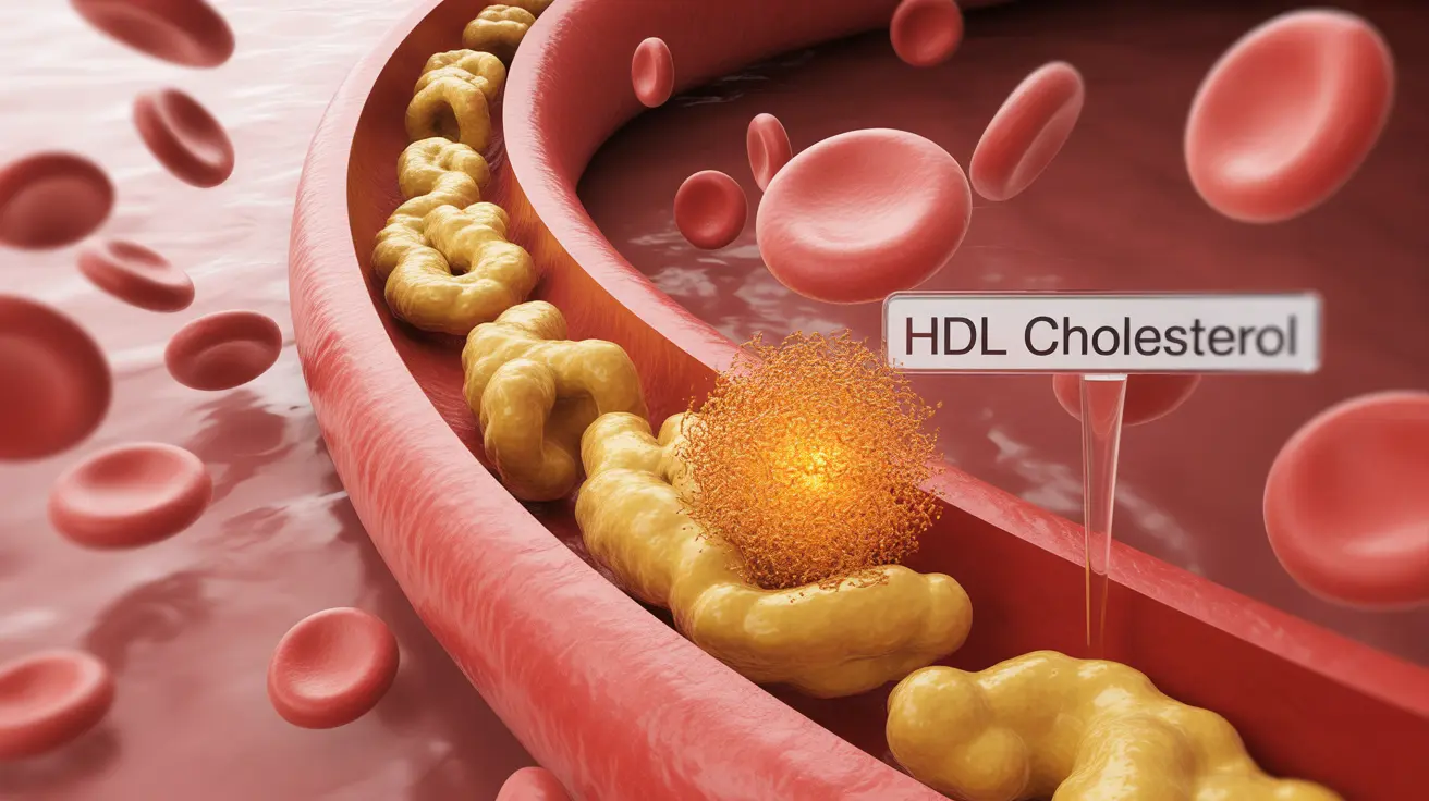 Detailed illustration of HDL cholesterol particles removing harmful cholesterol in a blood vessel, with labels identifying cholesterol types, under bright lighting in a clean educational setting.