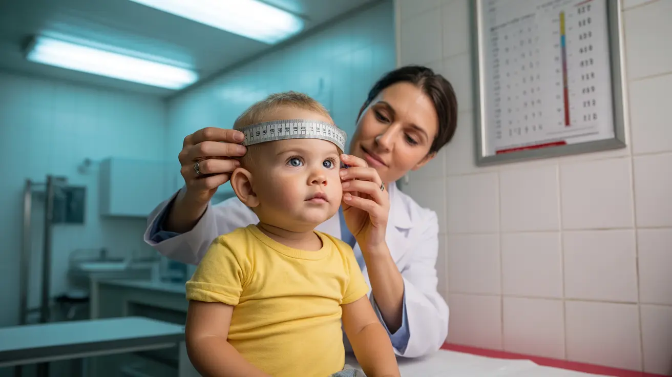 Healthcare professional measuring child's head circumference in a clinical setting with standardized tools and precise care