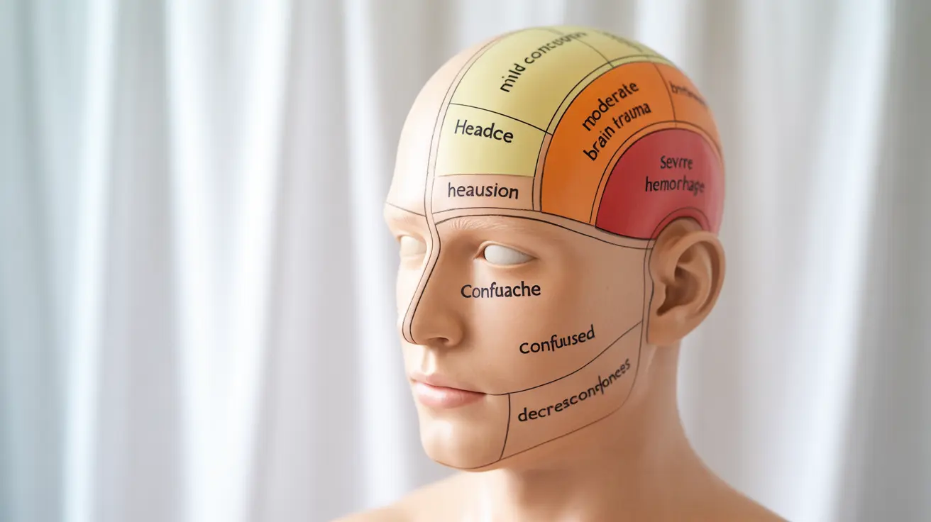 Illustration with labeled diagram of a human head showing sections linked to injury severities, indicating symptoms like headache and confusion, professional educational tone.