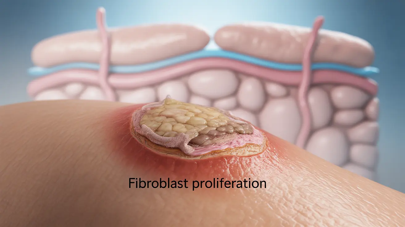 Detailed illustration of a healing scab on human skin, showcasing the layers underneath, with annotations on the scab formation process.