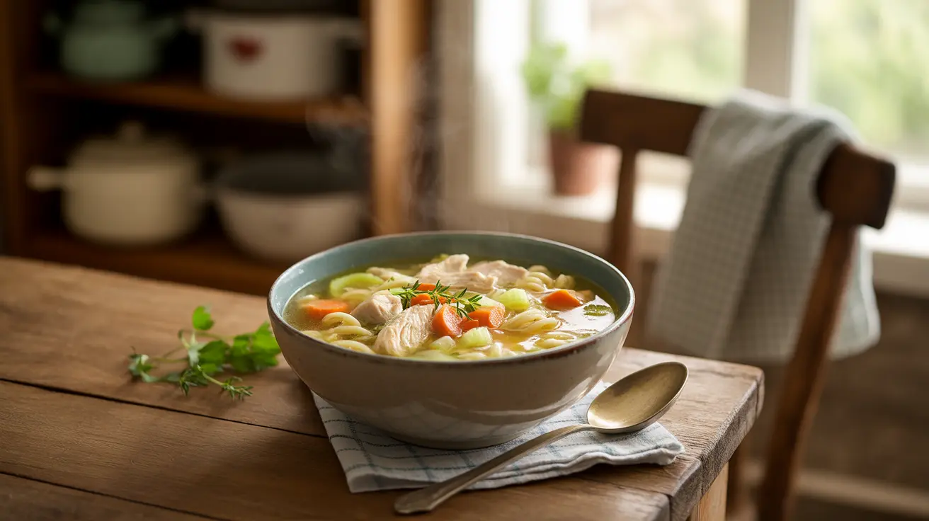 Steaming bowl of homemade chicken noodle soup with fresh carrots, celery, and herbs on a kitchen table in bright daylight