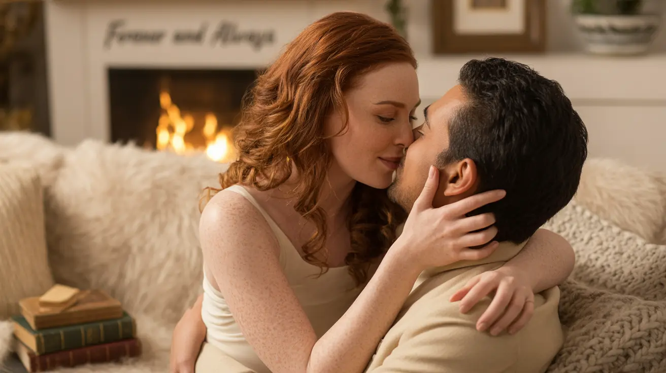 A diverse couple passionately kissing in cozy indoor setting, soft natural daylight emphasizing intimacy