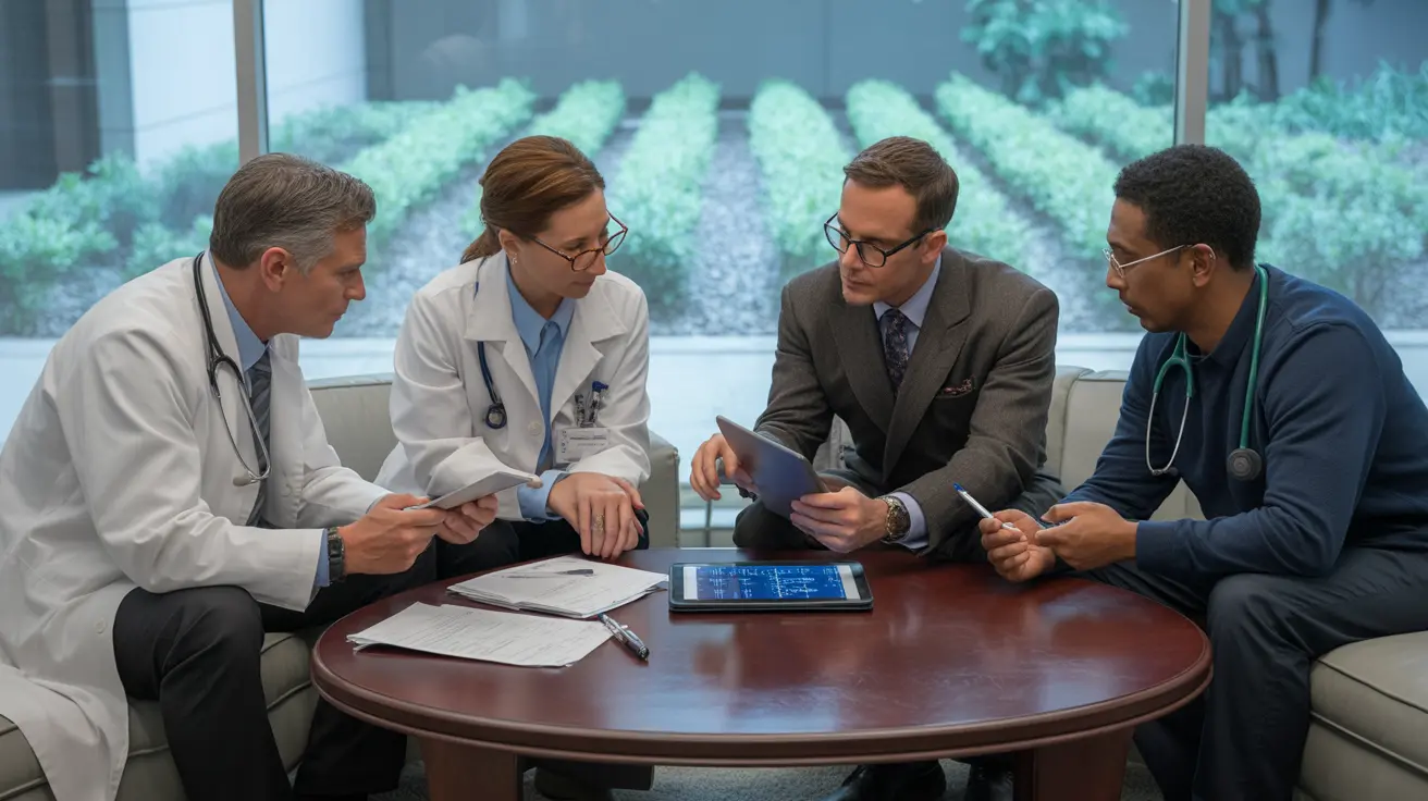 Group of diverse healthcare professionals including a primary care physician, endocrinologist, rheumatologist, and orthopedic specialist collaborating around a table with medical documents and a digital tablet in a modern clinical setting.
