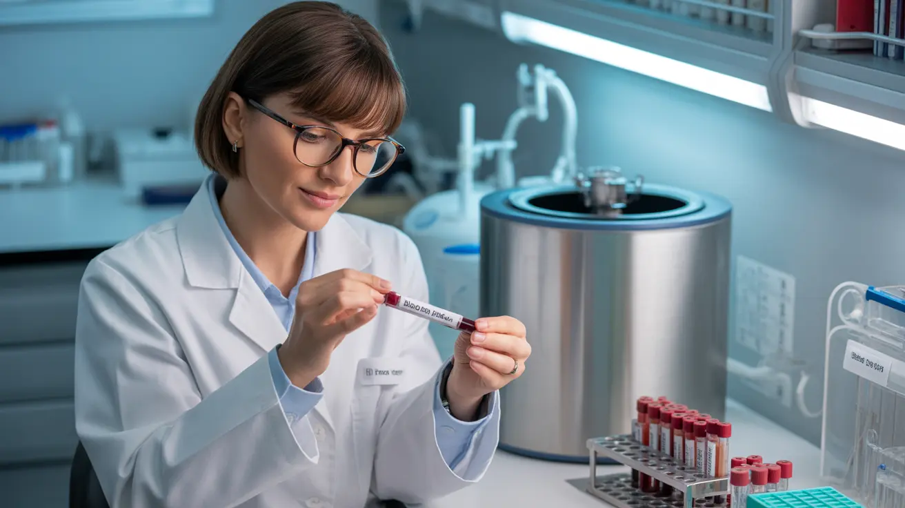 Healthcare professional in a lab coat handling a blood sample in a clinical laboratory with lab equipment