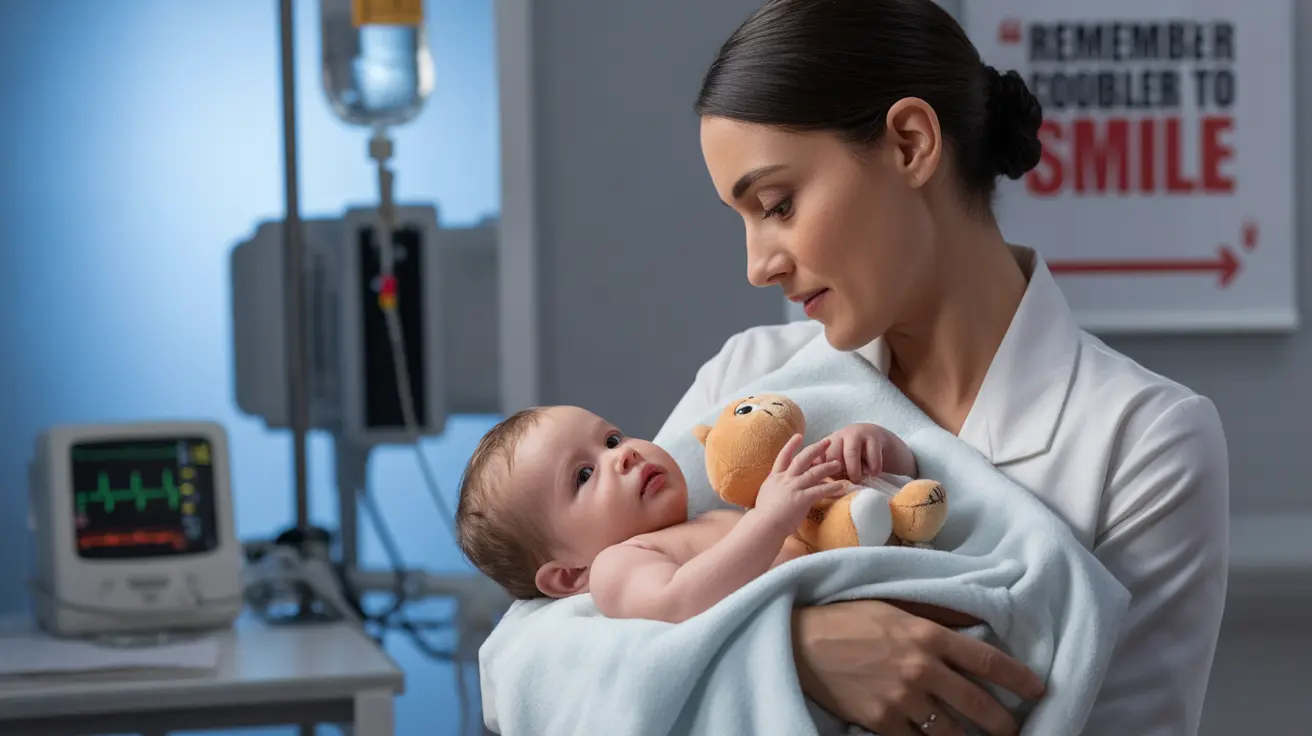 Detailed illustration of a healthcare professional gently examining an infant displaying signs of type 1 spinal muscular atrophy in a bright clinical setting