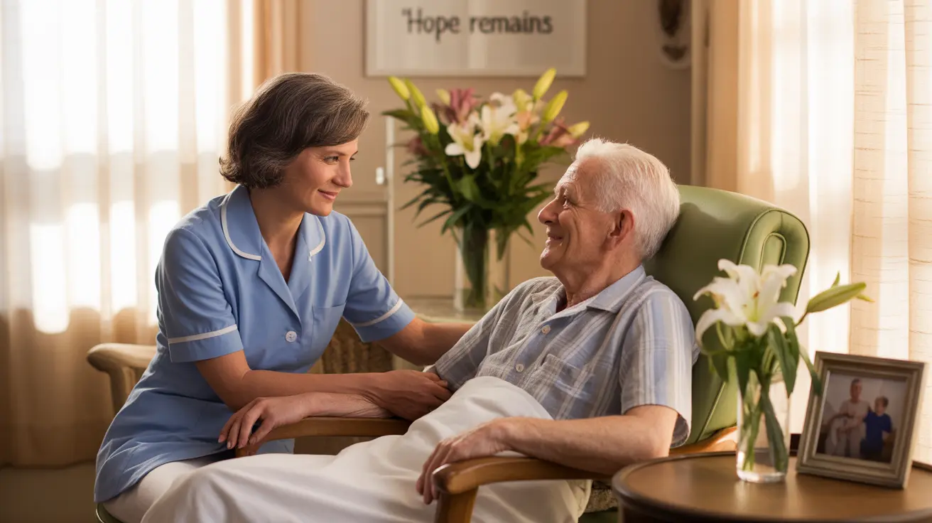 Compassionate healthcare professional sitting next to a patient in an inviting hospice room, providing comfort and support.