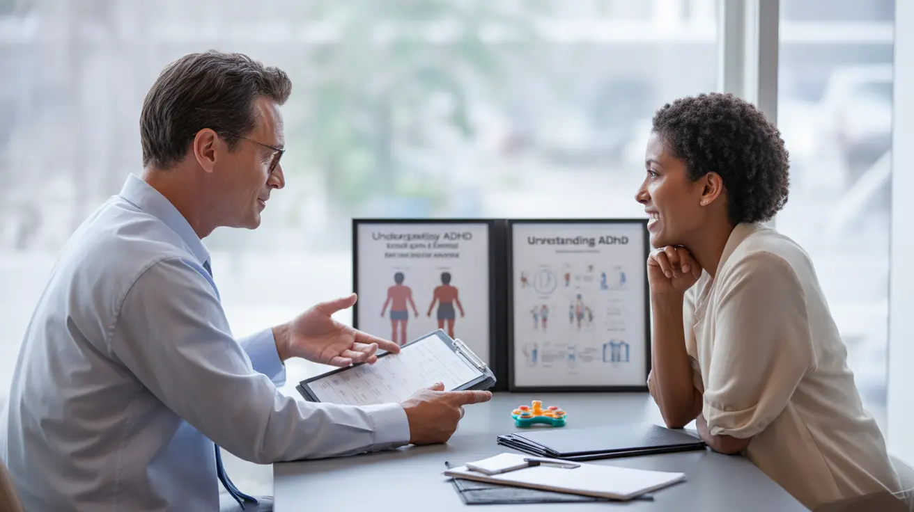 Detailed illustration of healthcare professionals discussing ADHD diagnosis in a modern clinical office with ADHD posters and diagnostic tools.