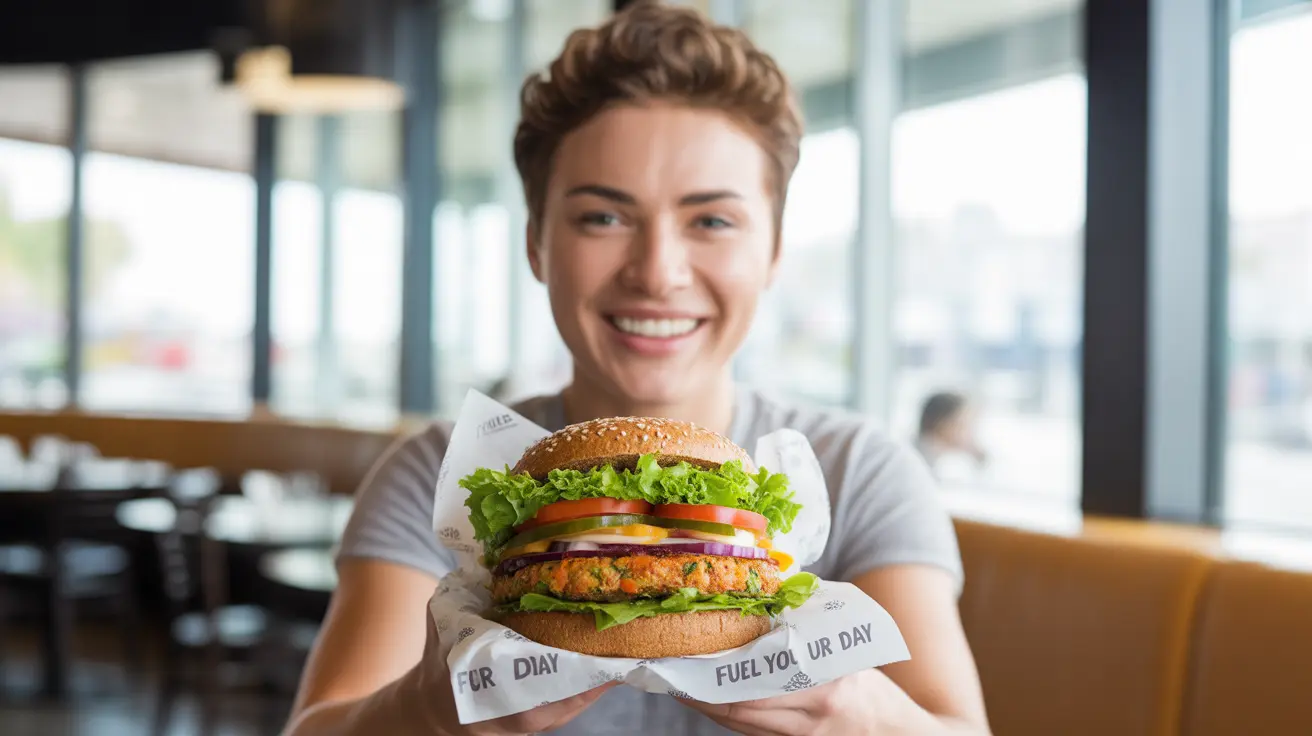 Person smiling while holding a healthy burger filled with fresh vegetables and a whole grain bun in a bright and inviting fast food restaurant