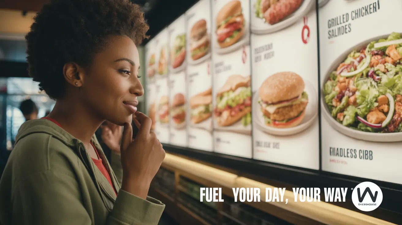 Person selecting healthy fast food options, like grilled items and salads, from a menu board in a modern fast food restaurant