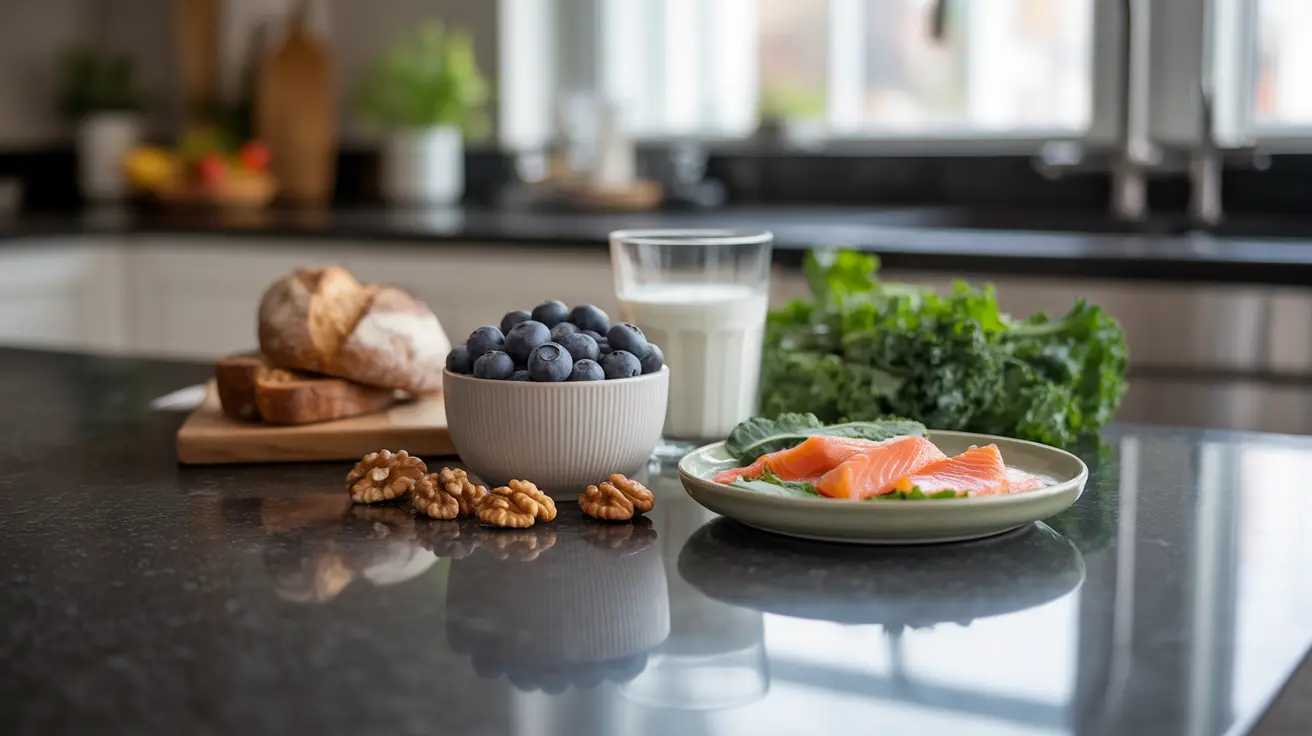 Detailed illustration of healthy food items like dairy products, leafy greens, and fatty fish on a bright kitchen counter