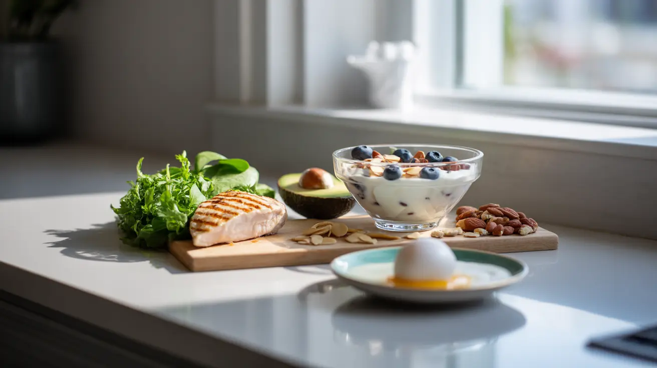 Range of healthy food ingredients including lean chicken, fish, egg whites, Greek yogurt, avocados, nuts, and leafy greens on a kitchen counter