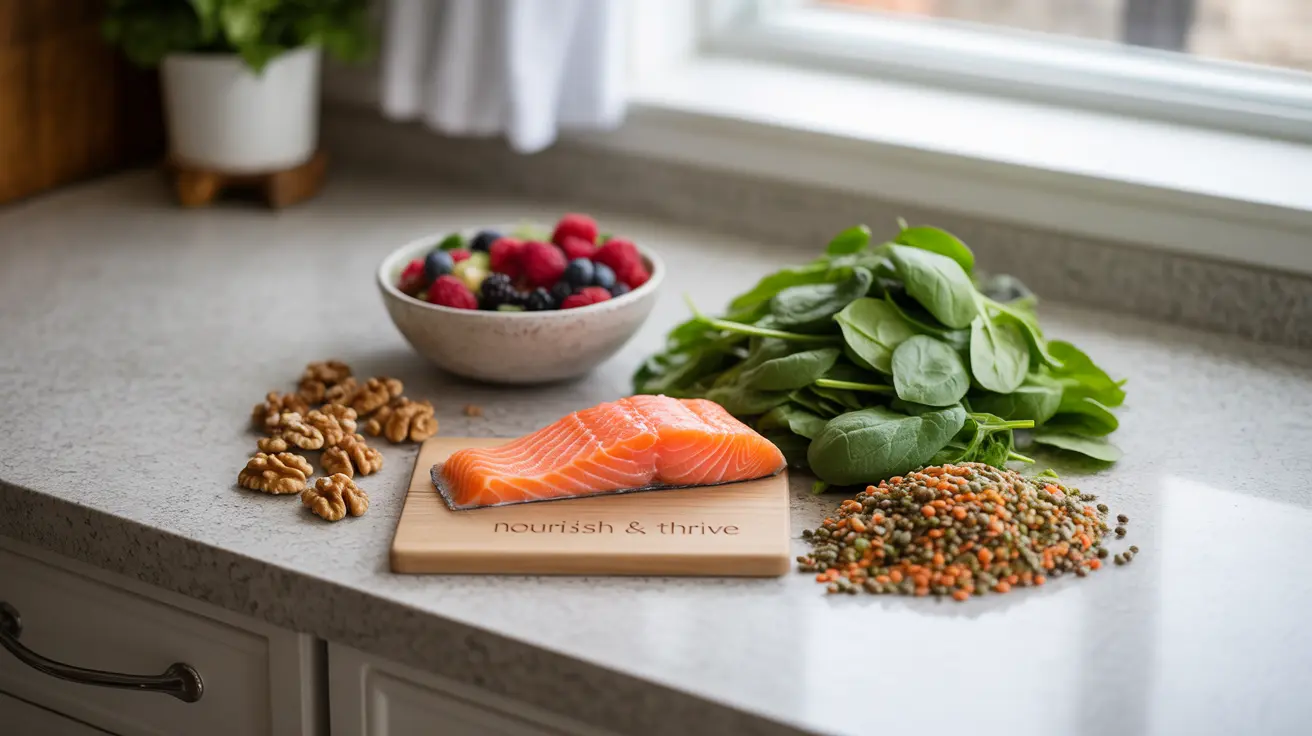Medium shot of a bright kitchen countertop featuring healthy foods like salmon, walnuts, berries, leafy greens, and legumes.