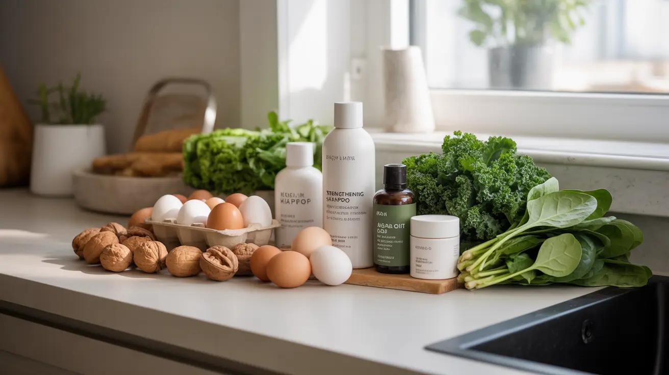 Detailed illustration in a bright kitchen setting, showcasing healthy foods and hair care products arranged informatively.