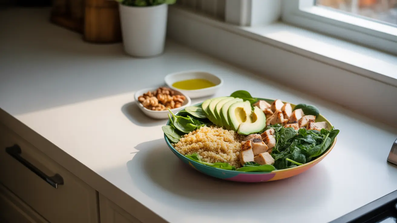 Detailed illustration of a brightly lit kitchen countertop featuring a variety of healthy foods including leafy greens, lean proteins, healthy fats, and whole grains.