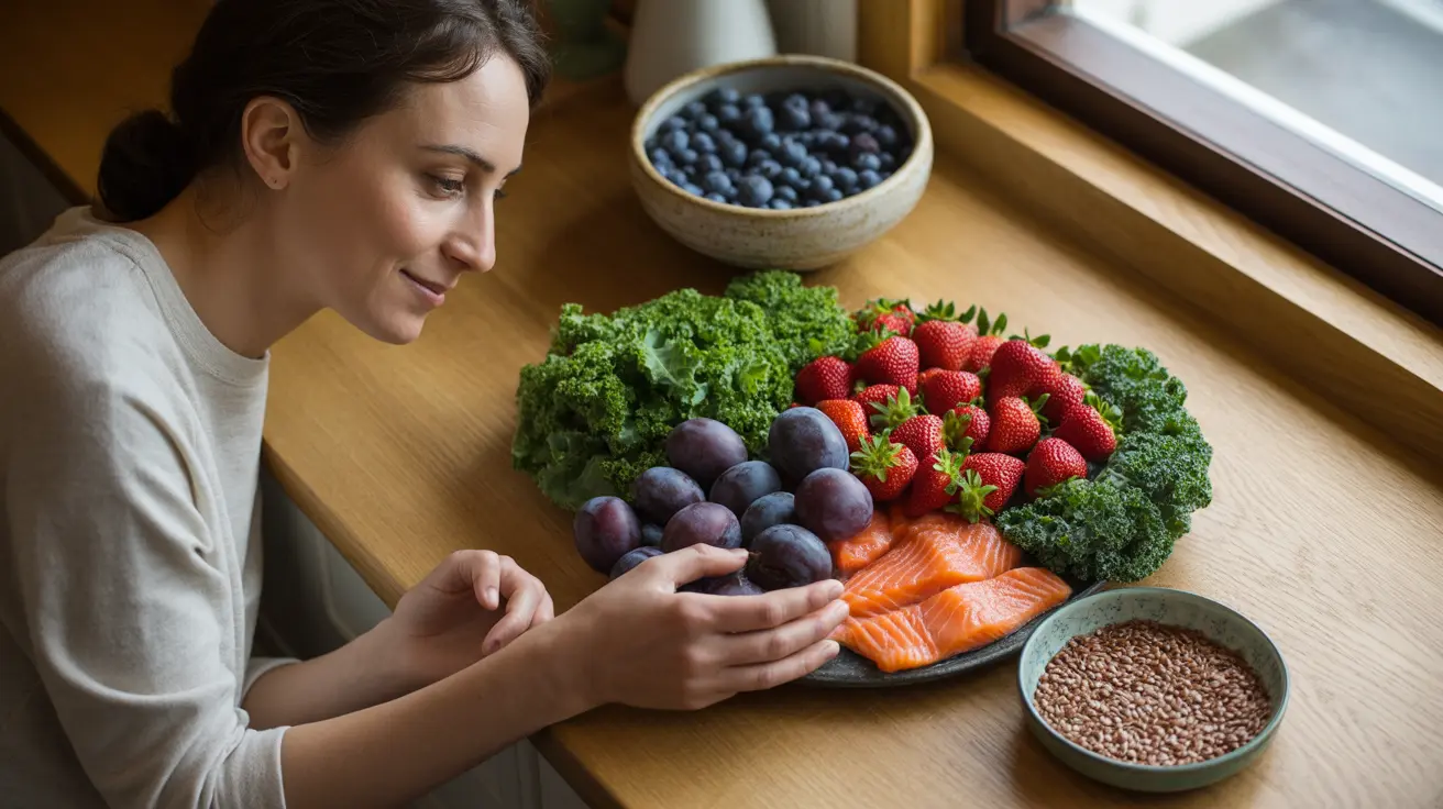 Person arranging healthy fruits, leafy greens, and omega-3 rich foods on a clean kitchen counter with bright natural daylight.
