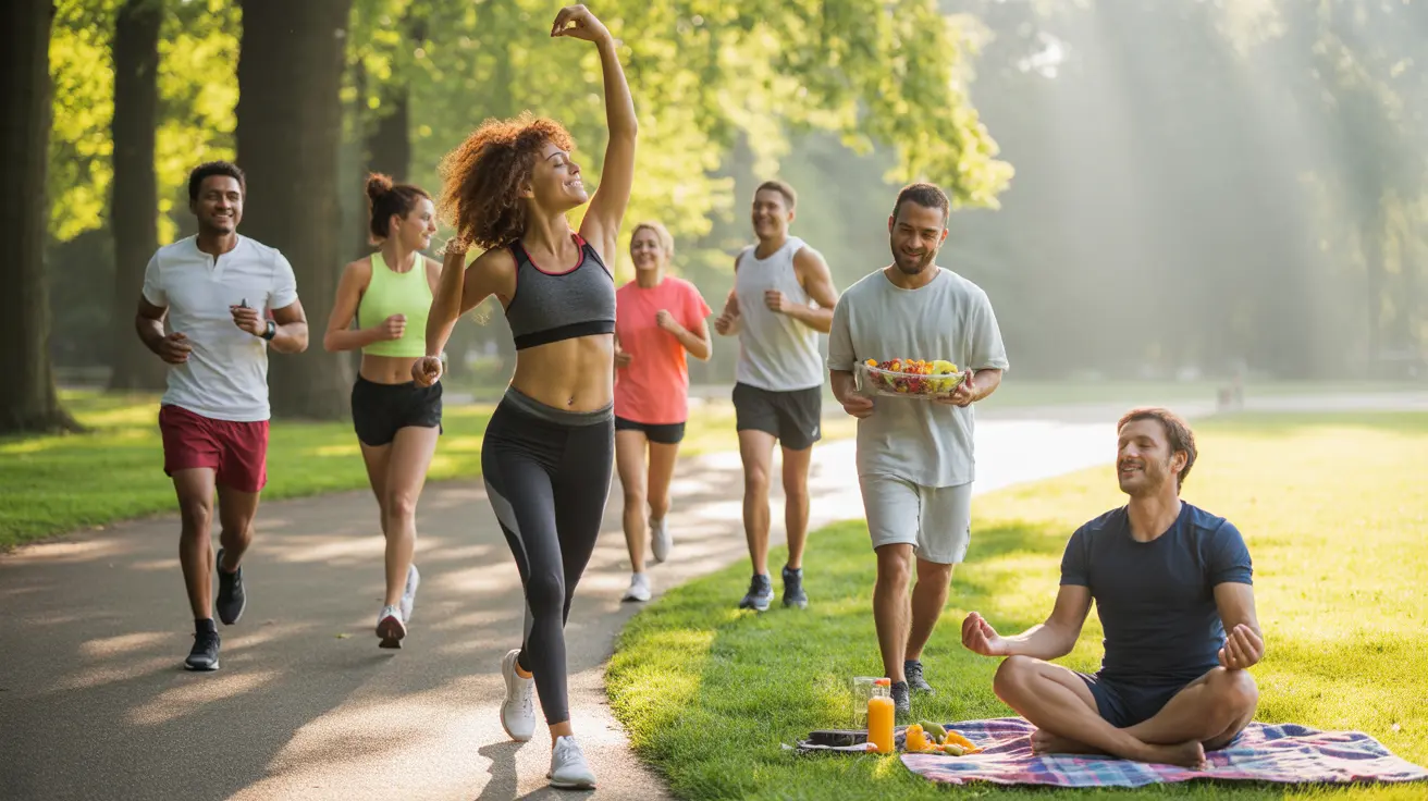 Diverse group of adults in a park engaging in jogging, preparing fruits and vegetables, and meditating under bright sunlight with lush green trees