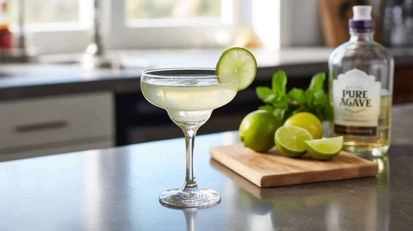 Realistic photograph of a classic margarita made with fresh lime juice and clear tequila on a sleek kitchen counter