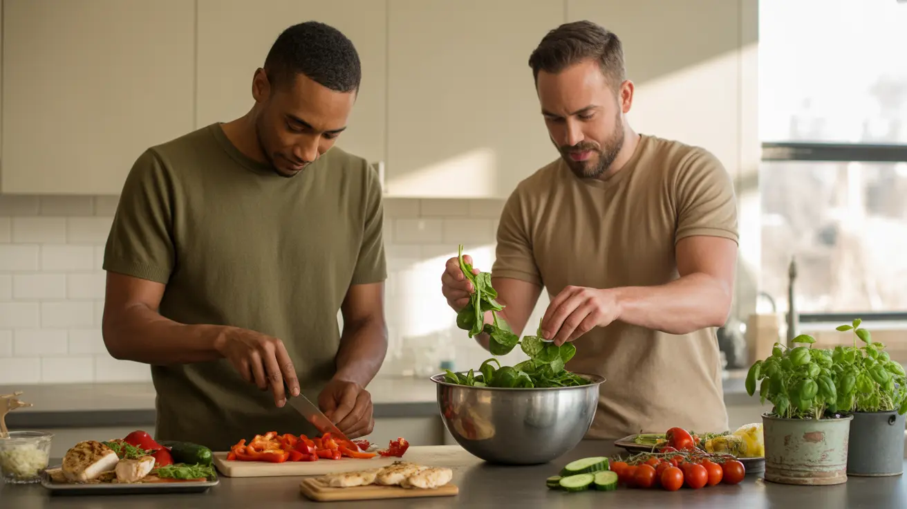 Two men preparing a healthy meal with colorful vegetables and lean proteins in a bright modern kitchen