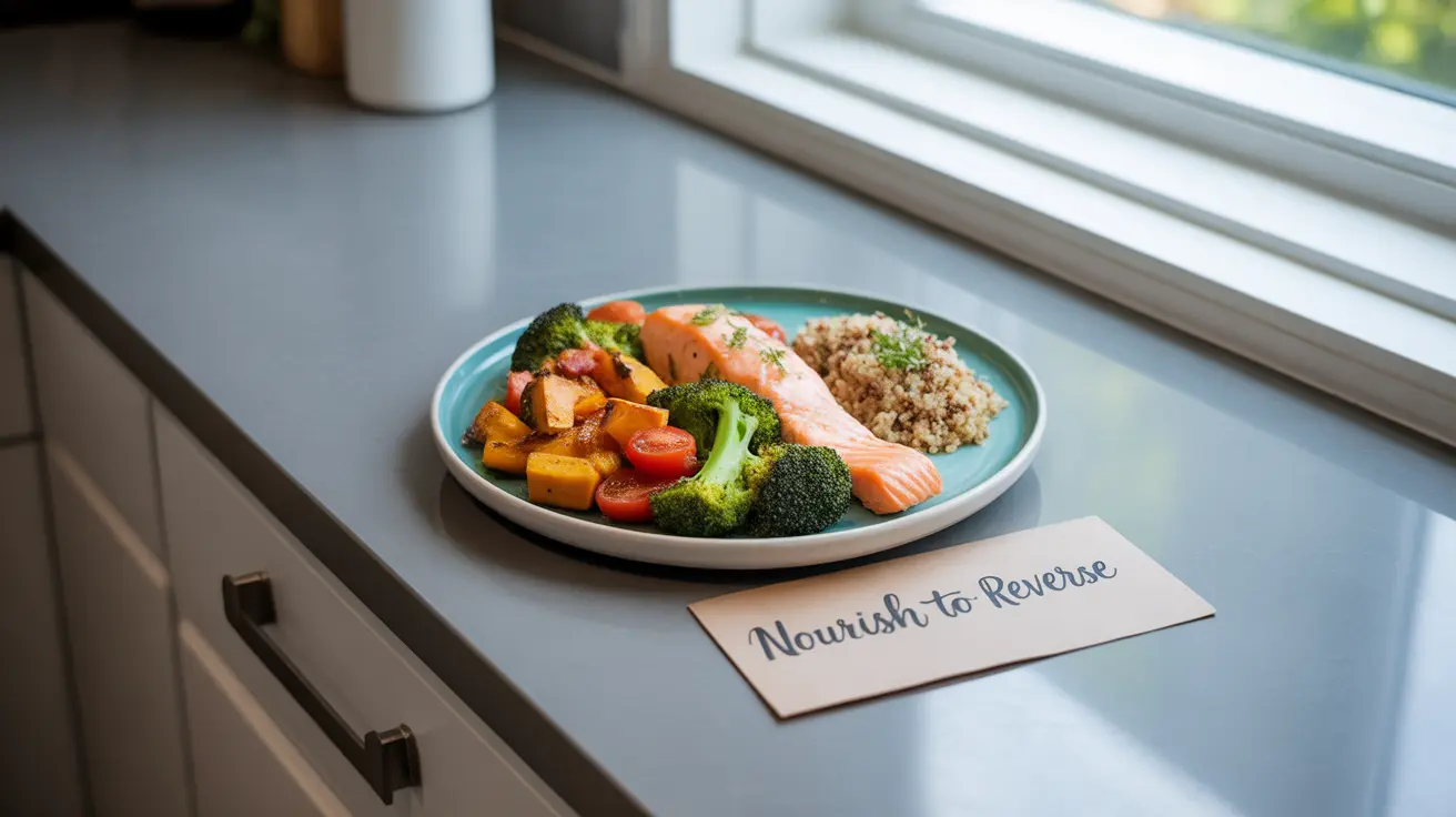 Detailed illustration of a colorful and healthy meal plate featuring fresh vegetables, lean proteins, and whole grains on a kitchen countertop, emphasizing nutritious choices.
