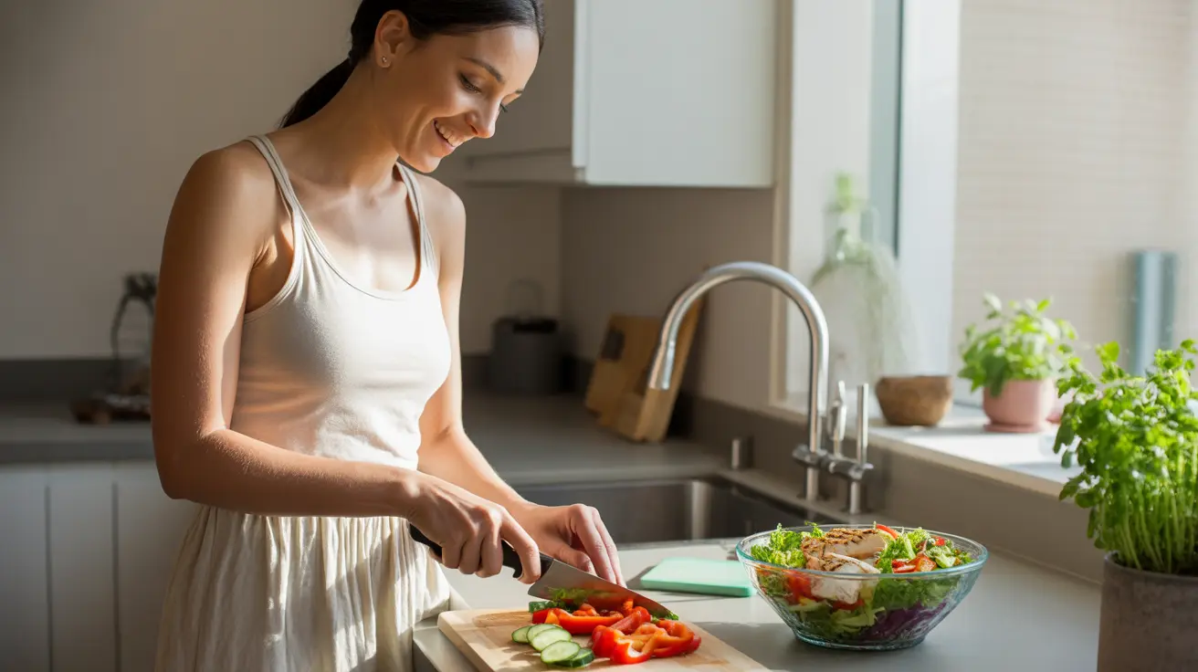 Person happily preparing a healthy meal with fresh vegetables and lean proteins in a modern kitchen with bright lighting.