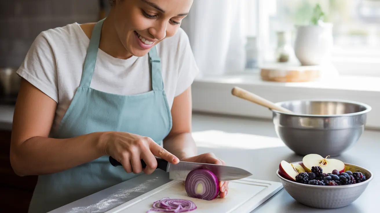 Person preparing a healthy meal with vibrant quercetin-rich ingredients like red onions, apples, and dark berries on a bright kitchen countertop.