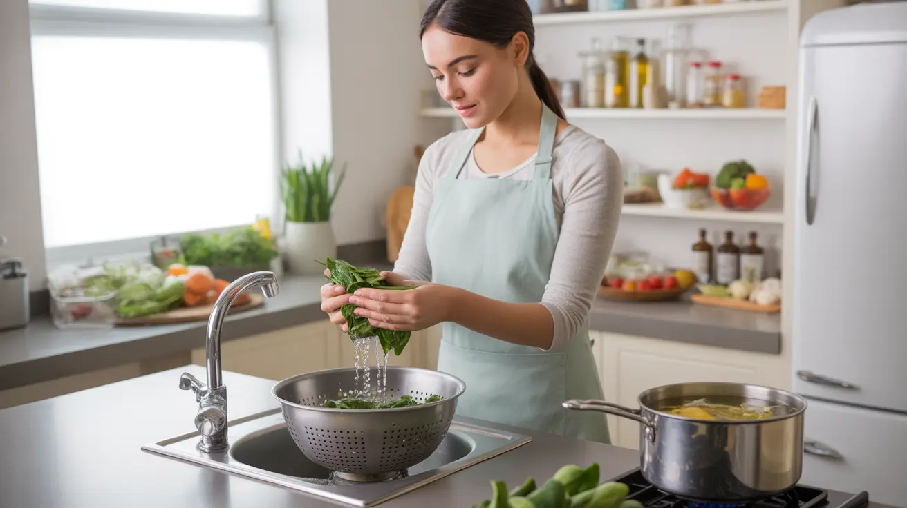 Detailed illustration of a bright, clean kitchen showcasing a variety of well-cooked healthy meals with safe food handling practices.
