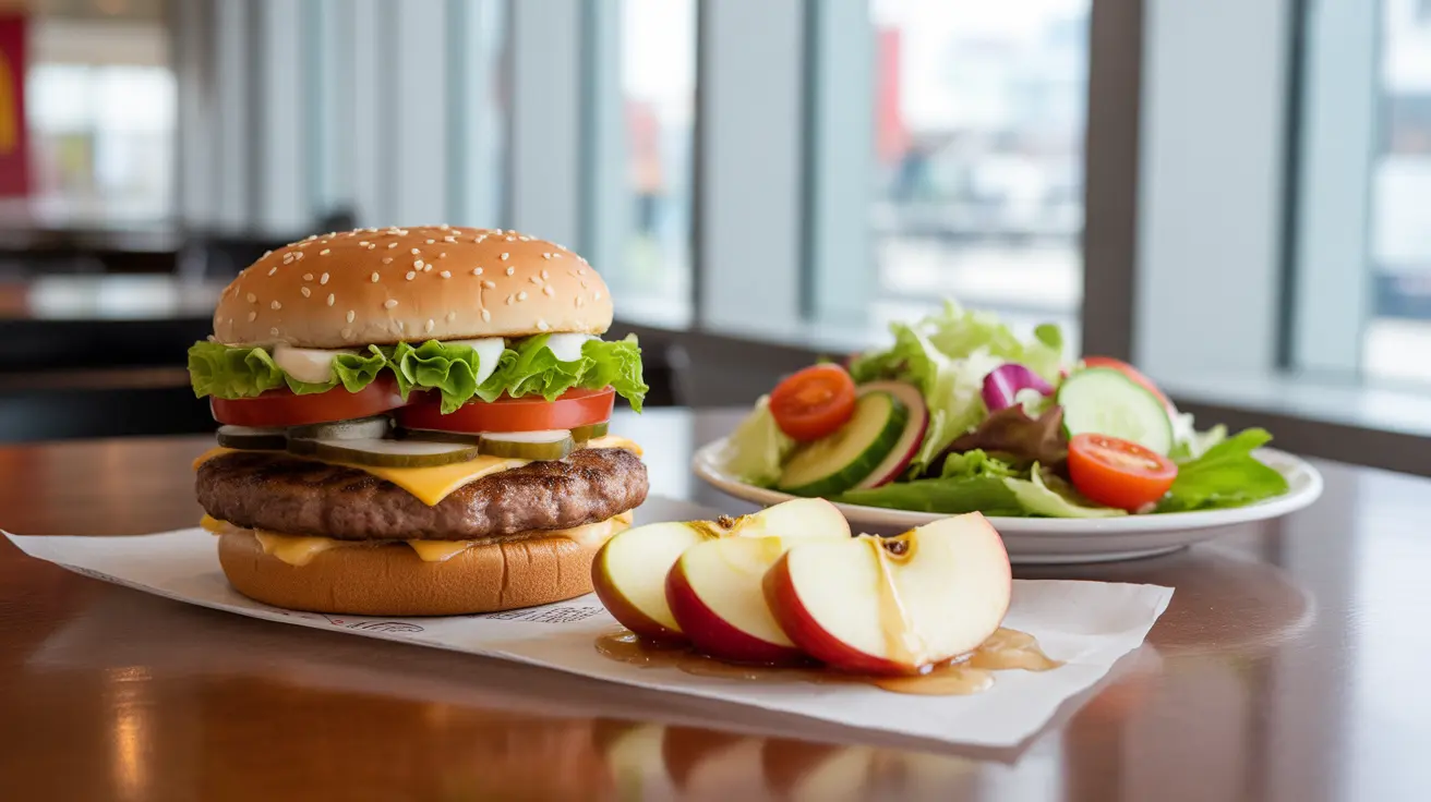 Realistic photograph of bright clean McDonald's interior showcasing healthy low-calorie food items like a Classic Hamburger, Apple Slices, and a Side Salad.