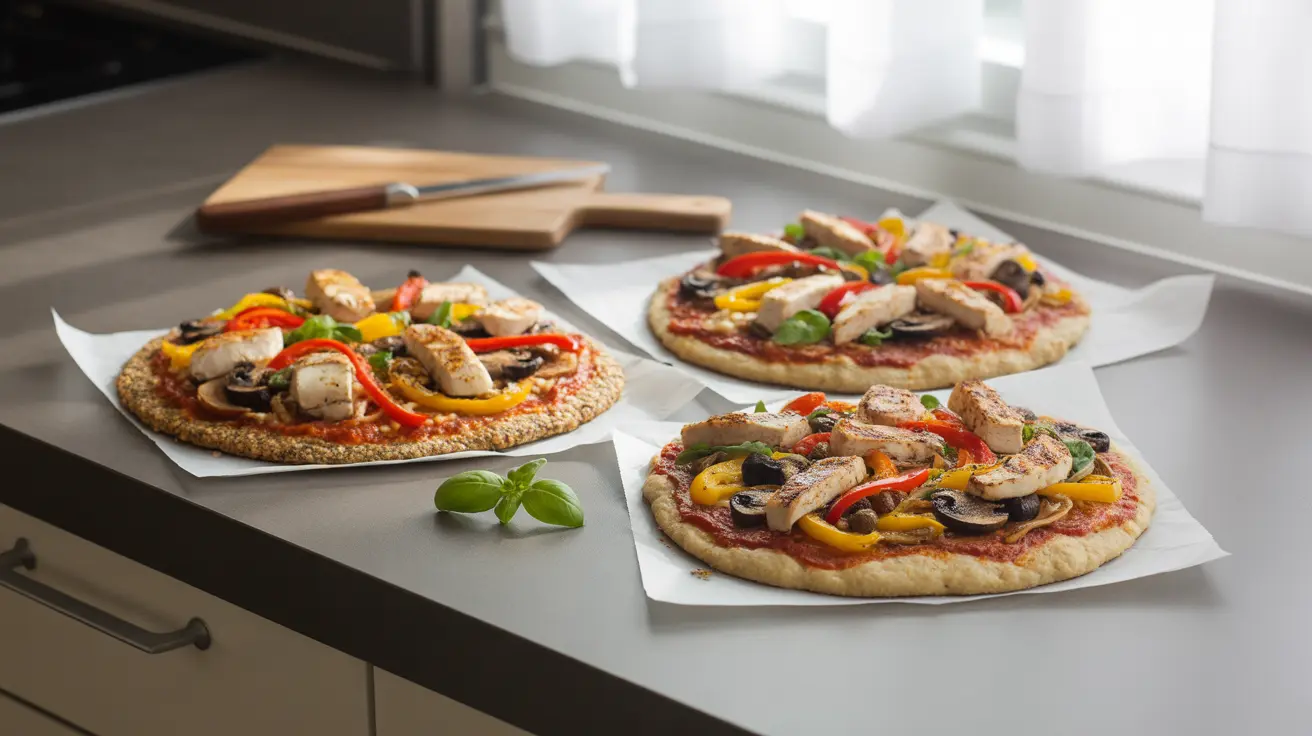 Variety of pizzas on kitchen counter, featuring whole grain, cauliflower, and almond flour crusts topped with grilled chicken, bell peppers, mushrooms, onions, and moderate cheese.