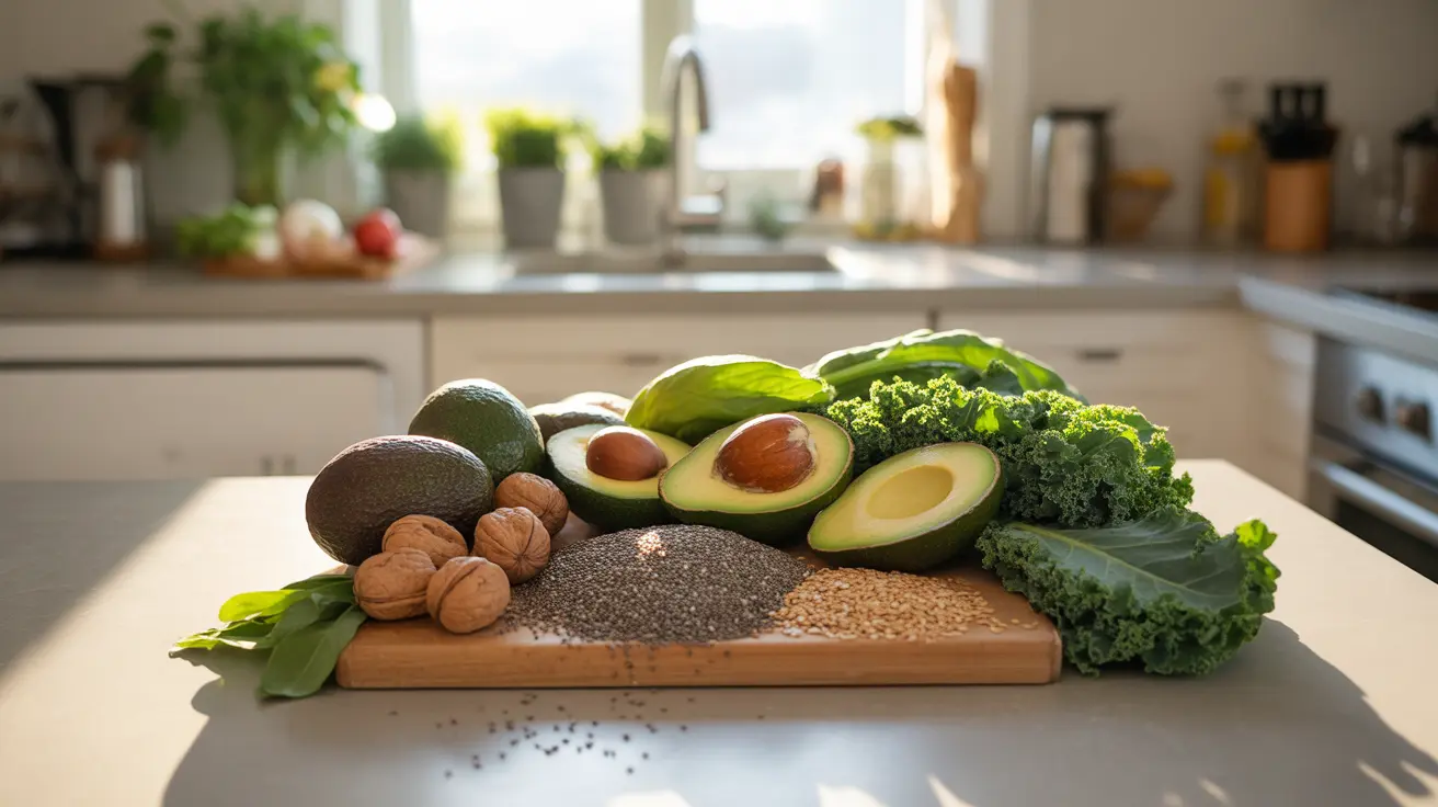 Medium shot in a bright kitchen showcasing an array of healthy plant-based foods like avocados, nuts, leafy greens, and seeds on a counter