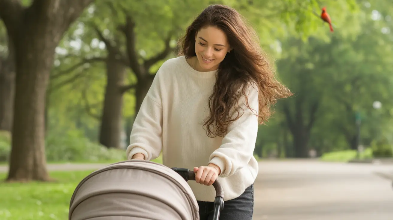 New mother walking with baby stroller on a park path, surrounded by green trees, depicting safe postpartum activity