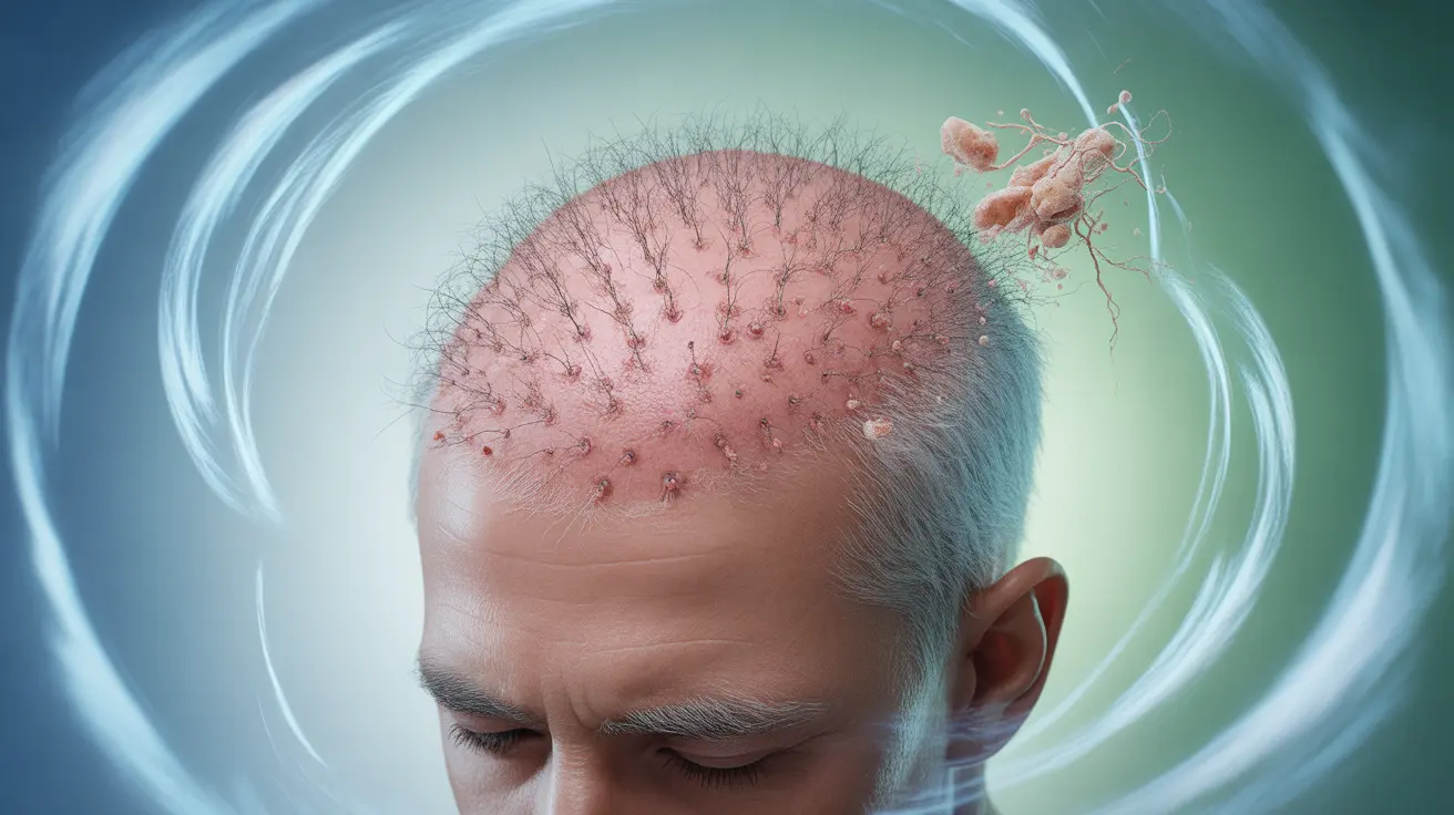 Detailed illustration showing a close-up of a healthy scalp with visible hair follicles and salicylic acid molecules interacting with dead skin cells.