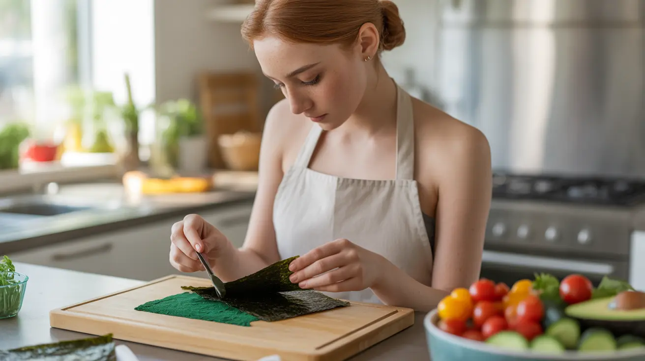 Close-up of a person preparing a healthy meal with different seaweed types like nori and spirulina, surrounded by fresh vegetables in a bright kitchen.