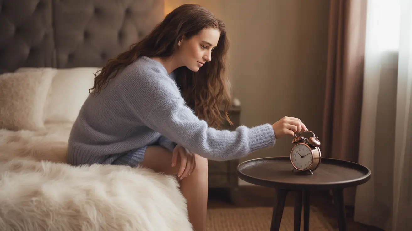 Detailed illustration of a person sitting on a neatly made bed, setting an alarm clock on a bedside table, with a softly lit bedroom in the background, warm and inviting atmosphere.