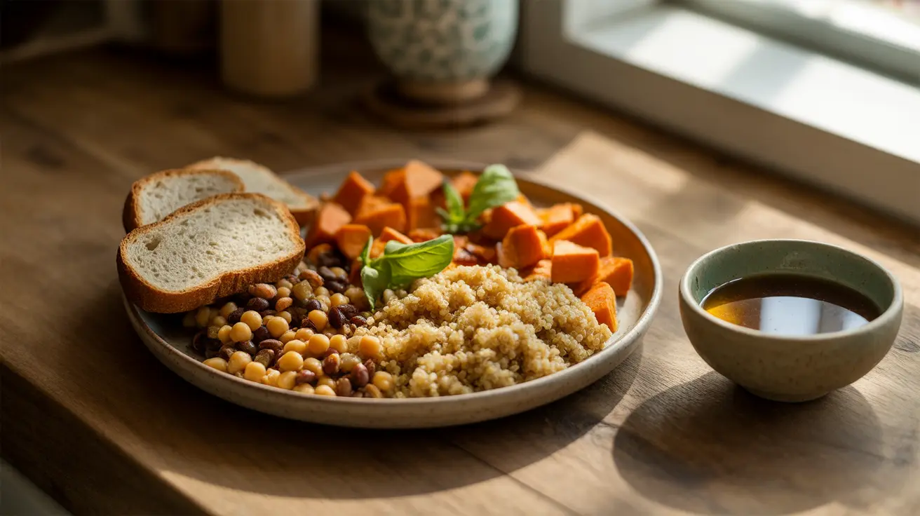 Close-up shot of a variety of healthy starchy foods including quinoa, sweet potatoes, whole grain bread, and legumes on a bright kitchen counter.