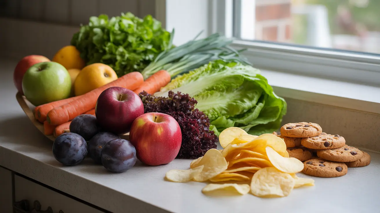 Detailed illustration of a kitchen countertop with vibrant healthy foods like fruits and vegetables on one side, contrasting with processed snacks like chips and cookies on the other, under bright natural lighting.
