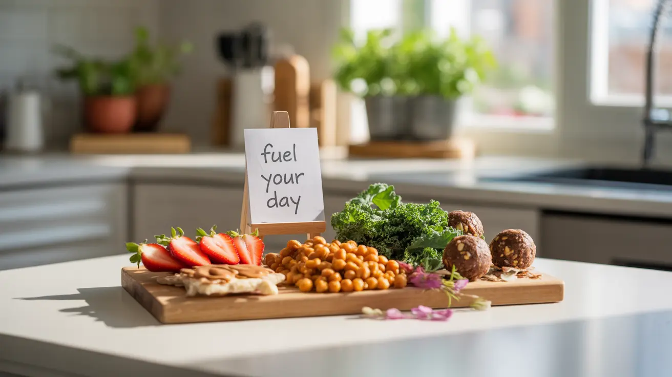 Colorful array of healthy vegetarian snacks including roasted chickpeas, fresh fruits with nut butters, kale chips, and energy balls on a bright kitchen countertop