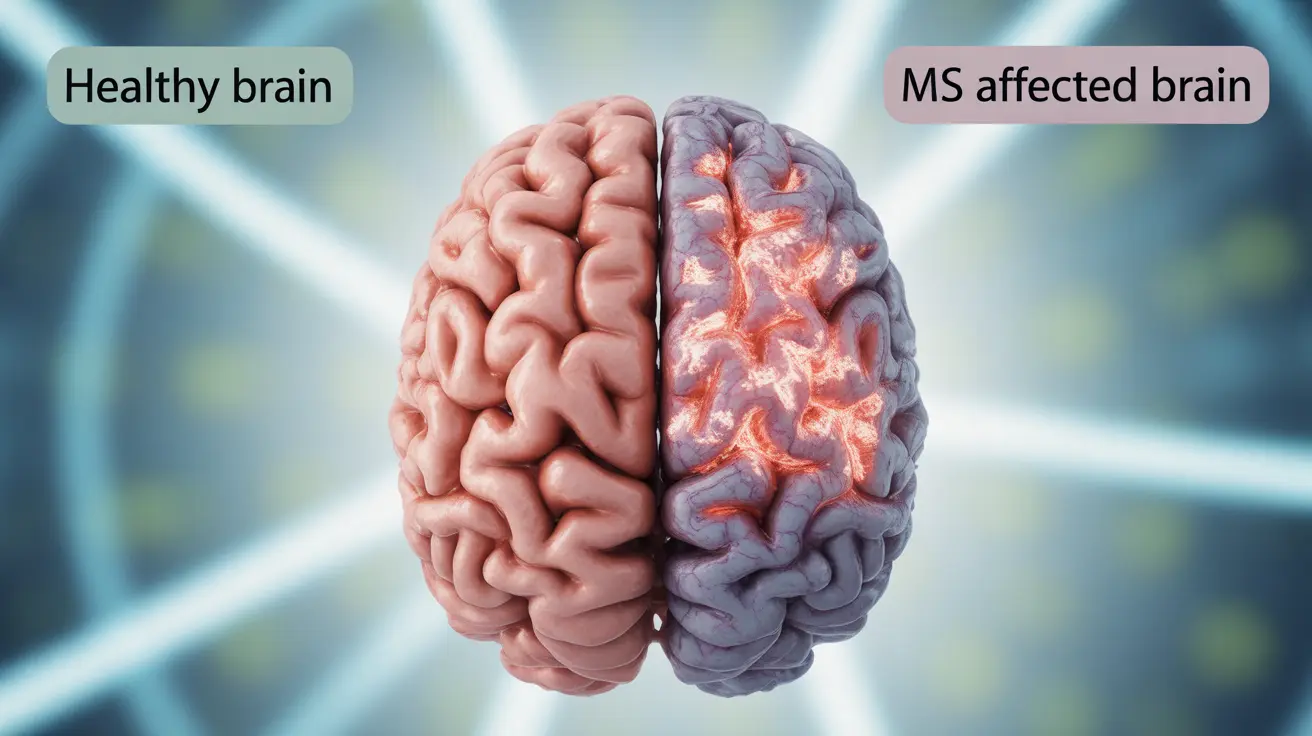 Illustration comparing healthy brain and MS affected brain, highlighting lesions and plaques in white matter, with scientific background.