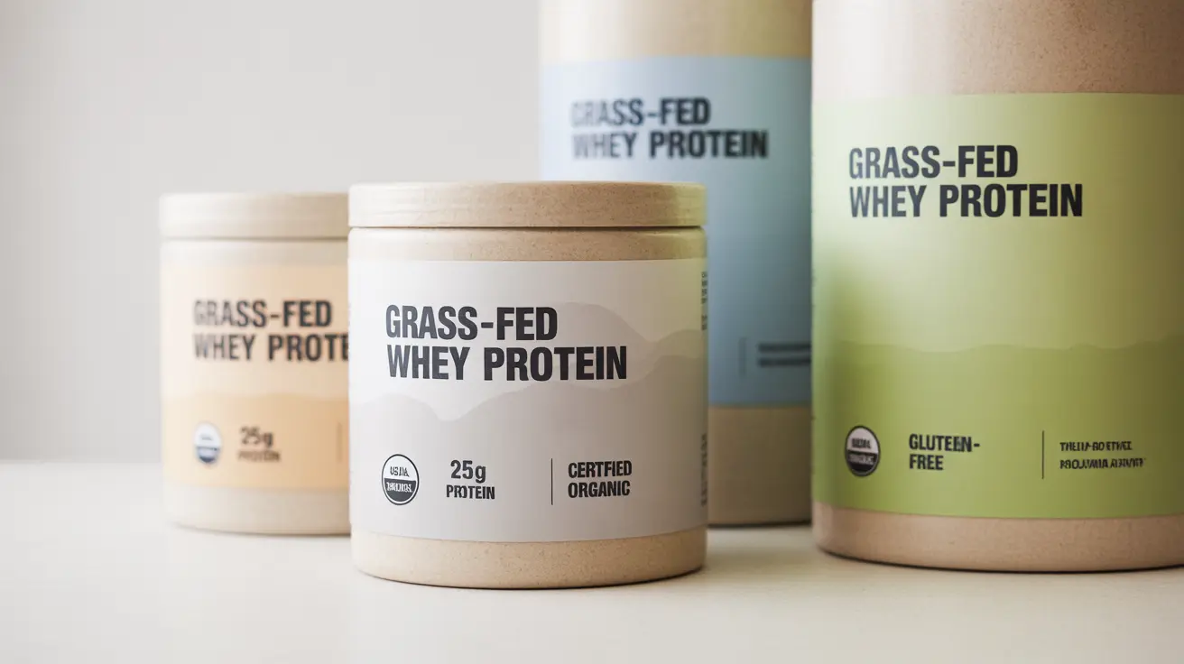 Infographic showing containers of whey protein powder, labeled with protein content, grass-fed status, and certifications on a clean, minimalist background