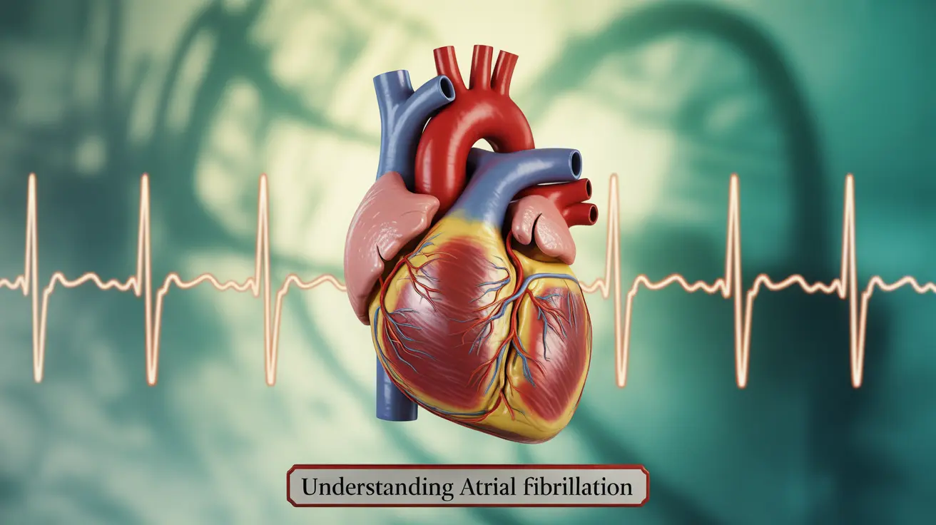Detailed illustration of heart anatomy with EKG patterns showing atrial flutter's saw-tooth pattern and atrial fibrillation's irregular pattern in clinical lighting
