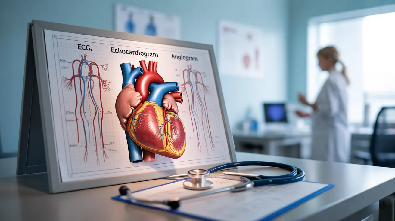 Detailed illustration showing a diagram of various heart diagnostic tests including ECGs, echocardiograms, and angiograms in a clinical setting, labeled for educational purposes.