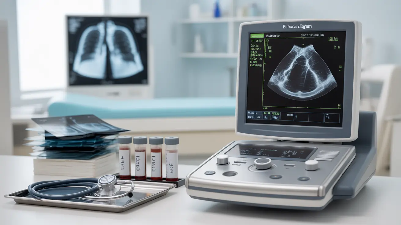 Neutral clinical setting illustration with diagnostic tools for heart failure including stethoscope, blood test vials, echocardiogram, MRI, chest X-ray image, in bright lighting