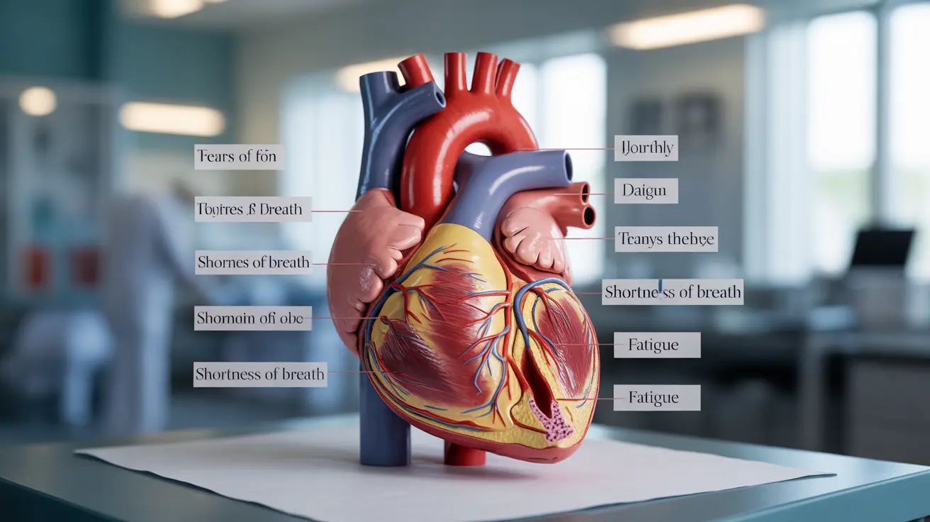 Anatomical heart diagram showing progression of heart failure stages with symptoms overlay, educational setting