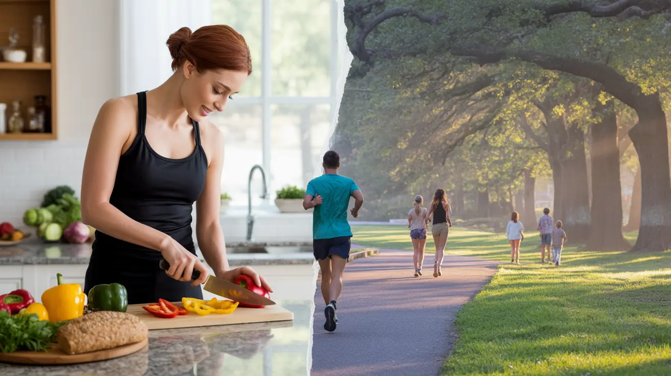 Person preparing a heart-healthy meal in a bright kitchen with fresh vegetables and whole grains, alongside another person jogging outdoors in a sunlit park.